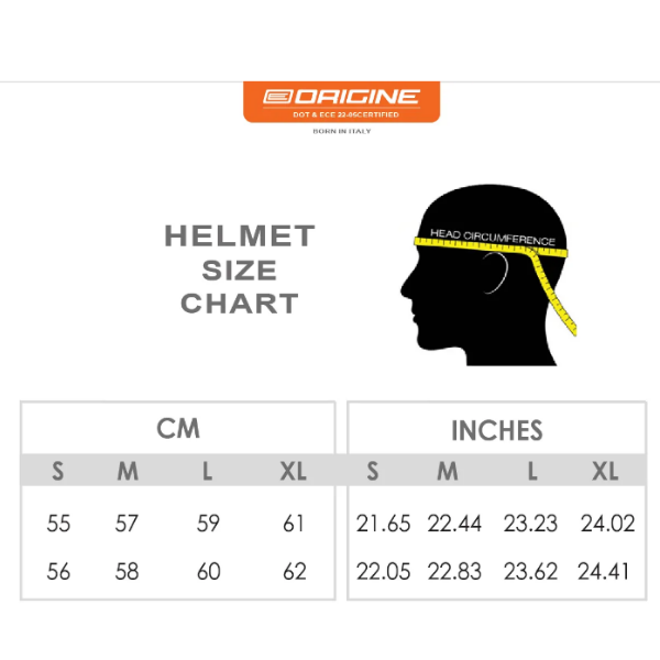 ORIGINE helmet size chart